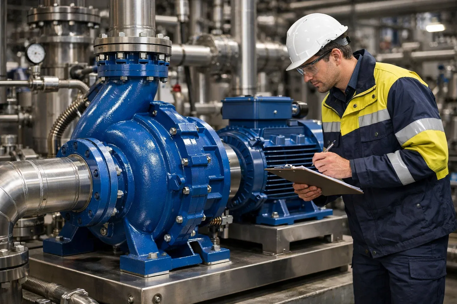 Ruang mesin industri dengan pompa sentrifugal terpasang rapi sebagai solusi distributor pompa sentrifugal resmi