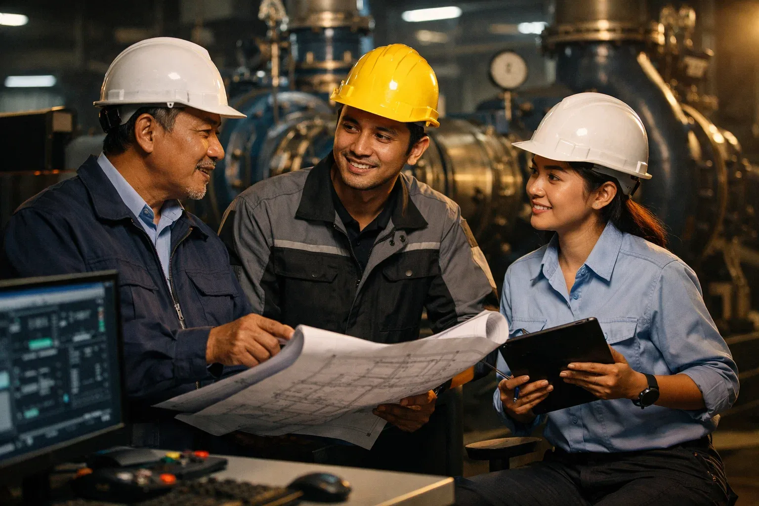 Tim teknisi melakukan konsultasi dan analisis aplikasi pompa sentrifugal