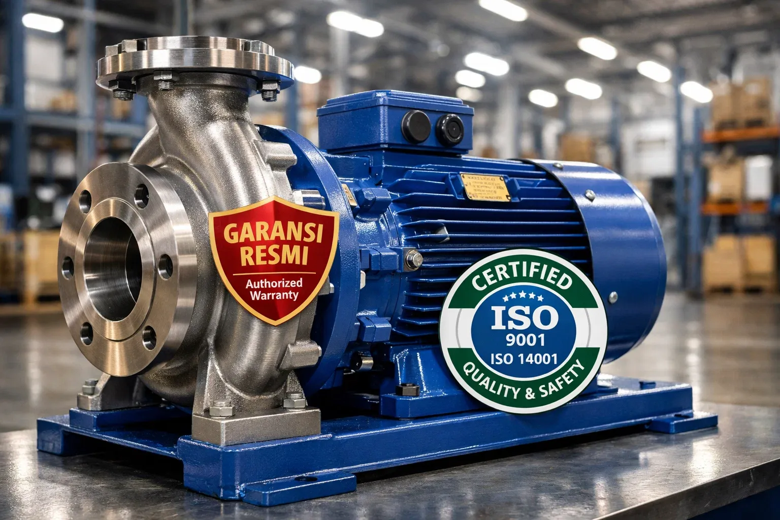 Label garansi resmi dan sertifikasi pada pompa sentrifugal