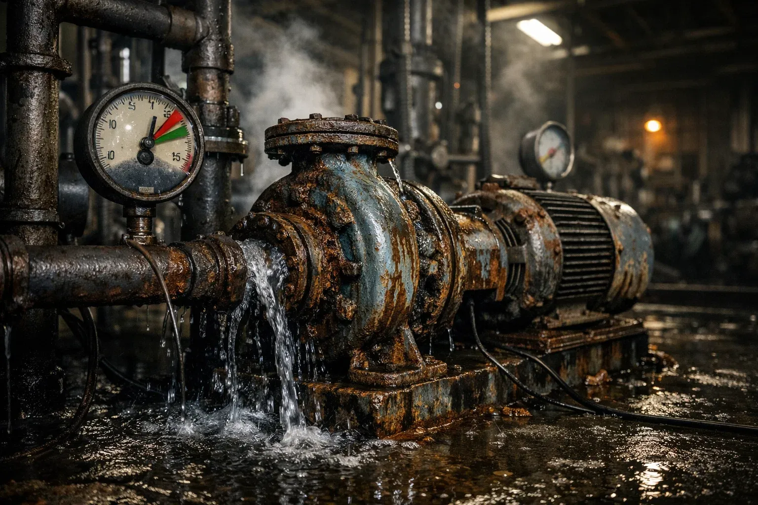 Ilustrasi sistem pompa bermasalah menunjukkan risiko downtime akibat spesifikasi pompa tidak tepat