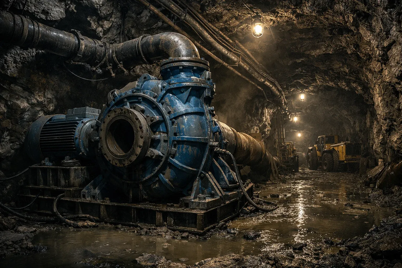 A highly detailed industrial mining site featuring a large centrifugal pump system in operation, surrounded by rugged terrain, muddy slurry flow, and heavy machinery. The pump is made of heavy-duty metal with visible pipes transporting thick mineral slurry. Harsh environment with dust, rocks, and wet ground. Dramatic lighting with a realistic industrial atmosphere, emphasizing strength, durability, and extreme working conditions. Wide angle shot, ultra realistic, 4K resolution, cinematic composition, depth of field, sharp focus on the centrifugal pump system, industrial engineering theme.
