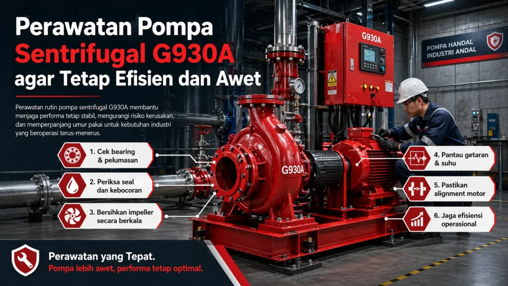 Ilustrasi pompa sentrifugal G930A dengan seal kerusakan dan aksesoris perawatan