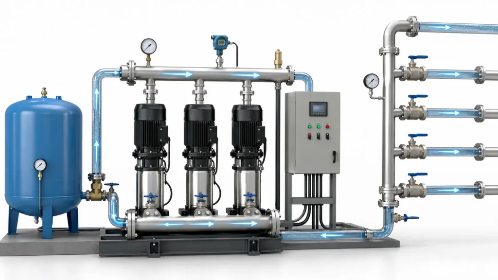 Booster pump diagram dengan komponen pompa booster pressure tank valve dan panel kontrol