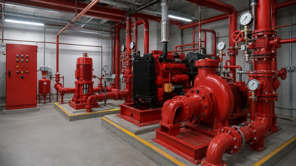 Sistem pompa pemadam kebakaran gedung dengan fire pump jockey pump panel kontrol dan pipa hydrant
