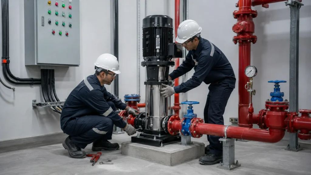 Teknisi memasang jockey pump pada sistem hydrant