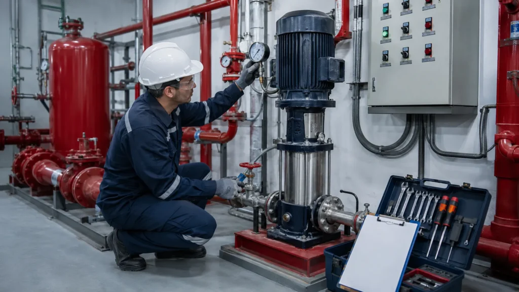 Teknisi melakukan pemeriksaan rutin dan maintenance jockey pump