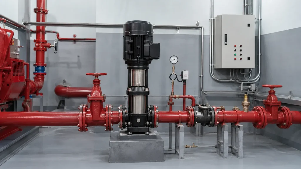 Instalasi piping jockey pump lengkap dengan valve dan pressure gauge