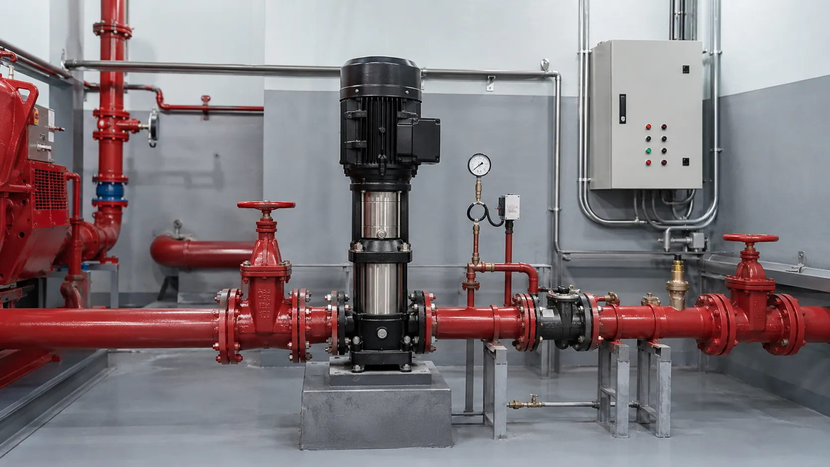 Instalasi piping jockey pump lengkap dengan valve dan pressure gauge