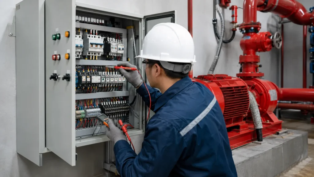Teknisi memeriksa electric fire pump controller