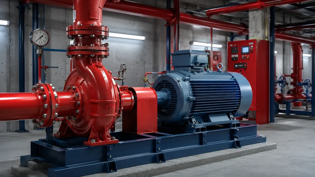 Electric fire pump dengan motor listrik dan panel kontrol