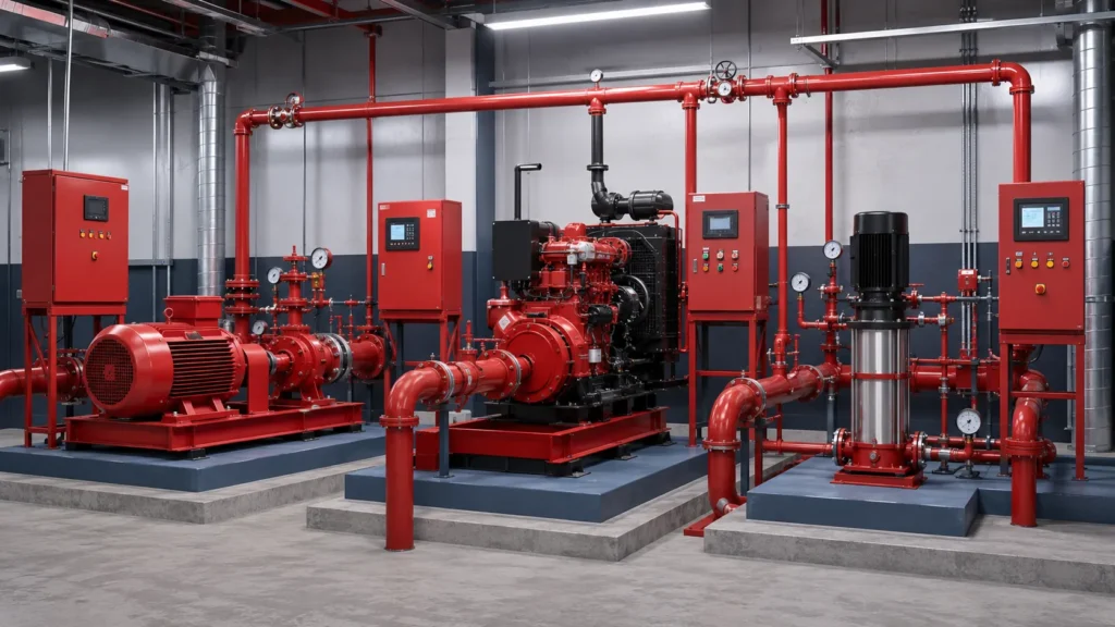 Electric fire pump, diesel fire pump, dan jockey pump dalam satu sistem