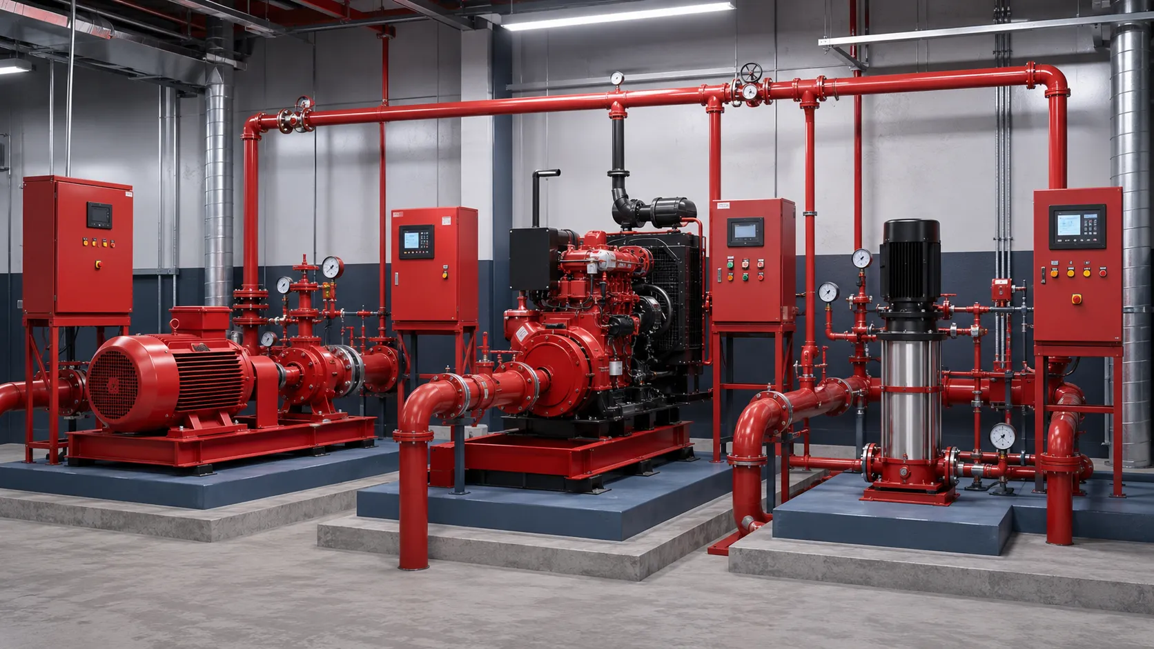Electric fire pump, diesel fire pump, dan jockey pump dalam satu sistem