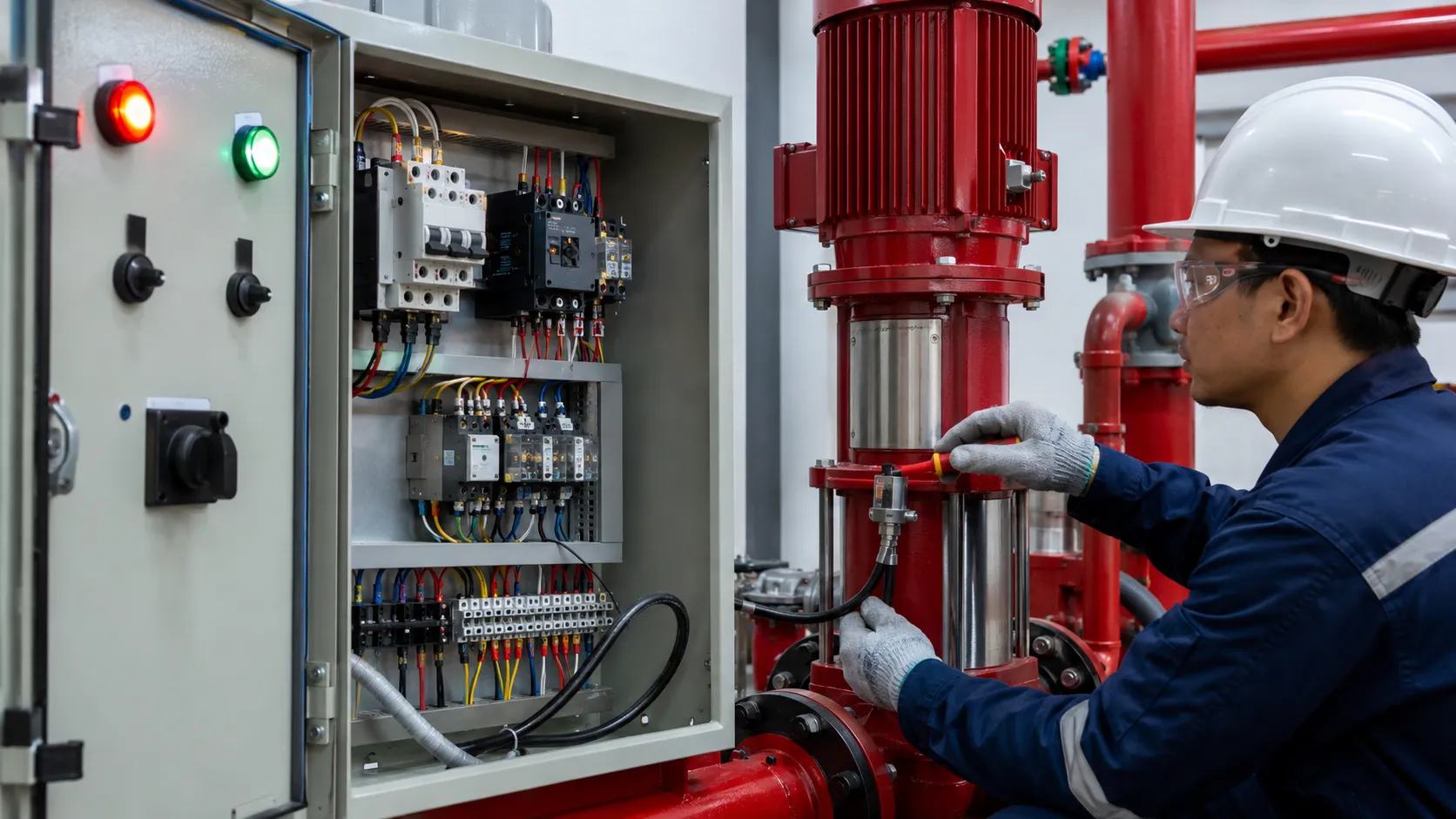 Teknisi memeriksa jockey pump controller dan komponen panel