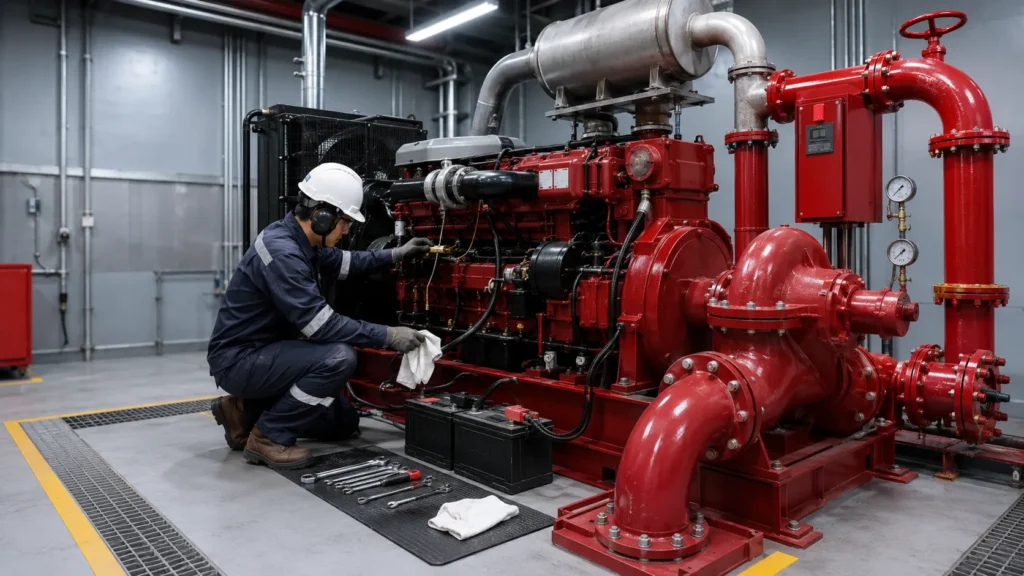 Teknisi melakukan maintenance diesel fire pump secara berkala
