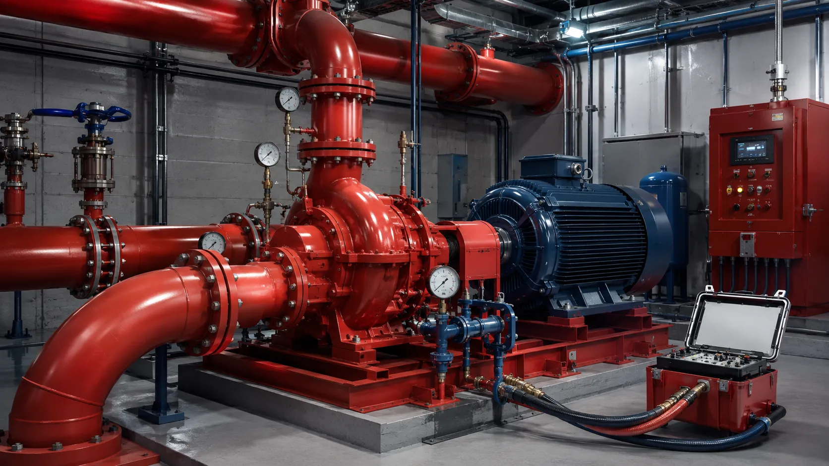 Pompa hydrant kapasitas 750 GPM dengan sistem perpipaan dan panel kontrol