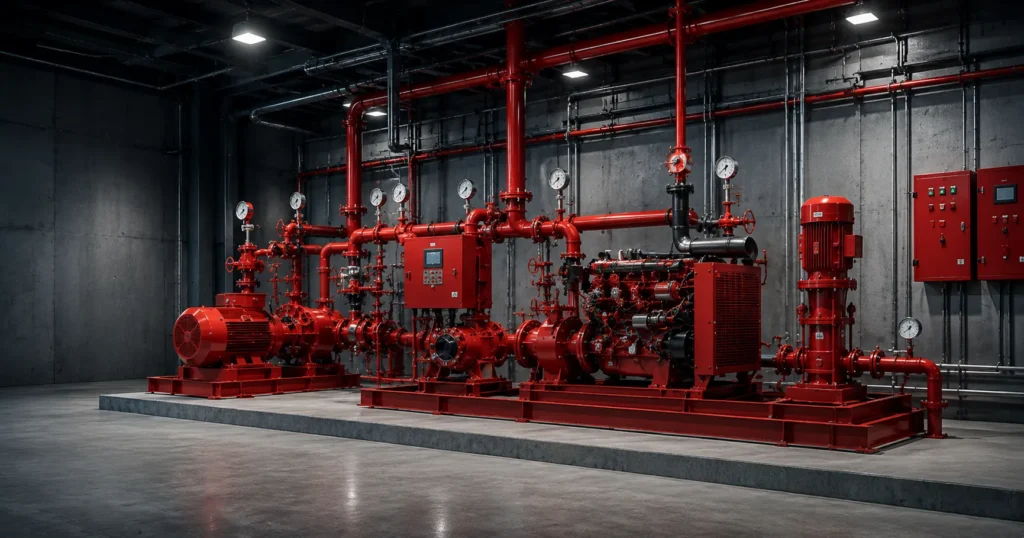 Sistem pompa hydrant lengkap dengan electric, diesel, dan jockey pump