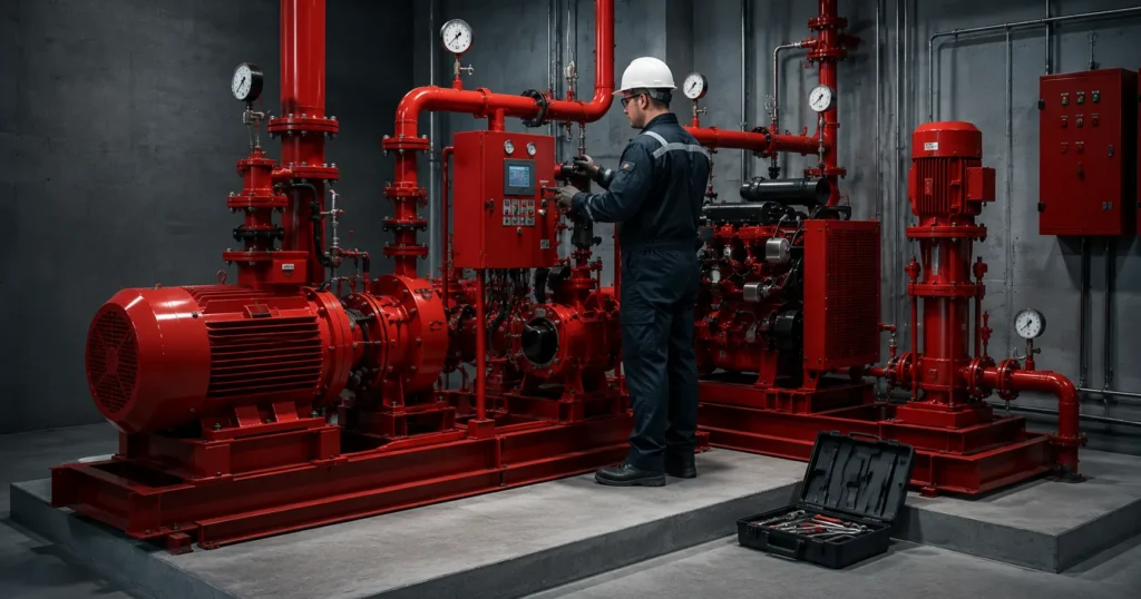 Teknisi memeriksa sistem pompa hydrant di ruang pompa gedung
