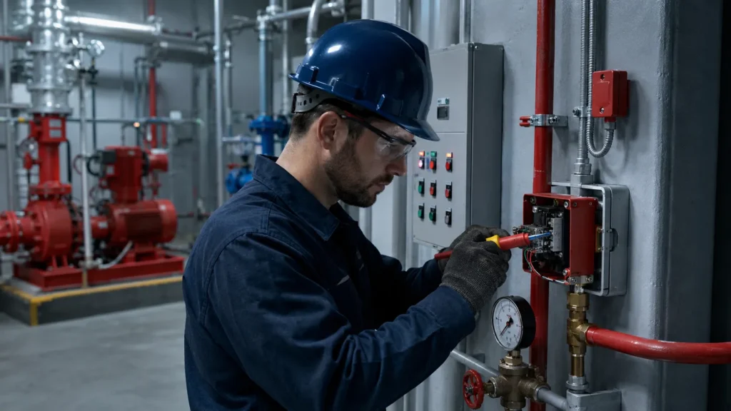 Teknisi melakukan setting pressure switch pompa hydrant