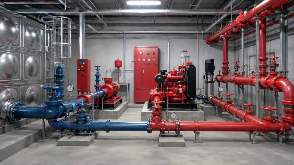Skematik sistem pompa hydrant lengkap dan alur distribusi air
