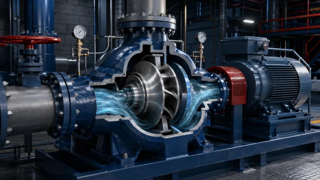 Split case double suction pump dengan impeller aliran dua sisi