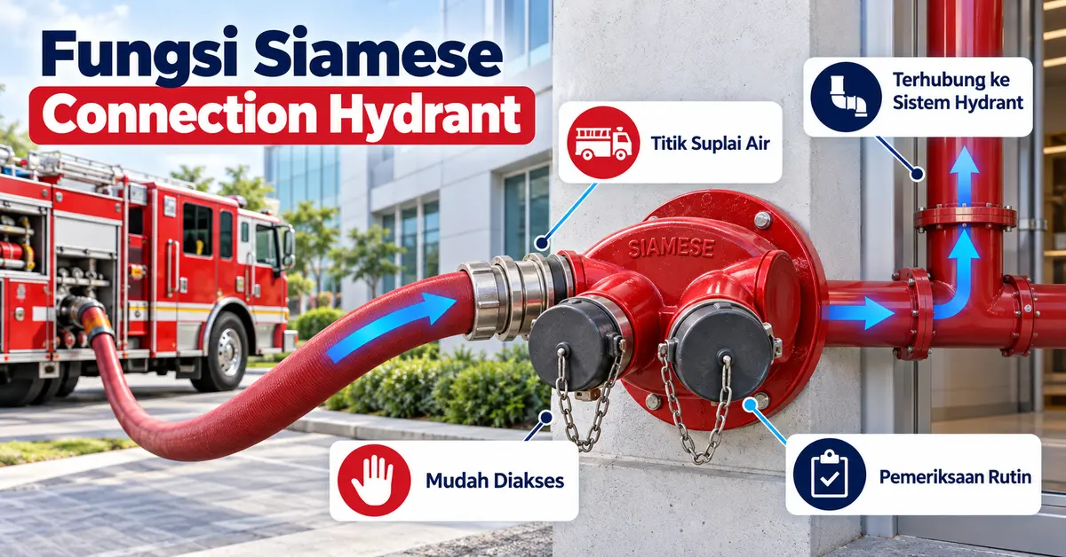 Infografis fungsi Siamese Connection Hydrant pada sistem proteksi kebakaran gedung