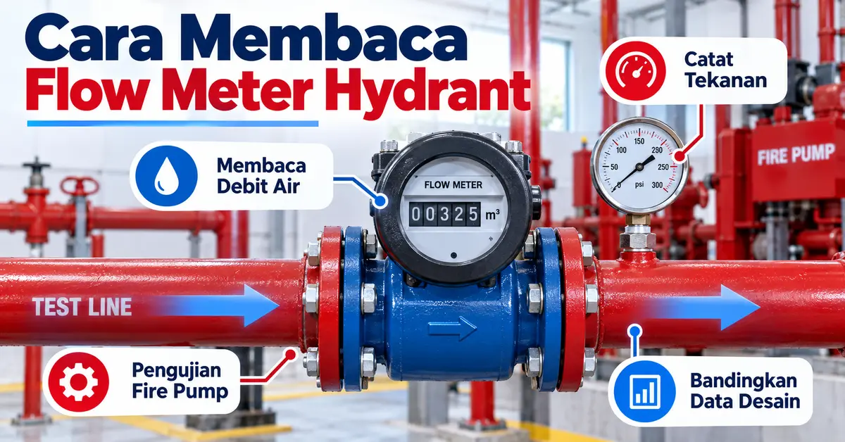Infografis cara membaca flow meter hydrant saat pengujian fire pump