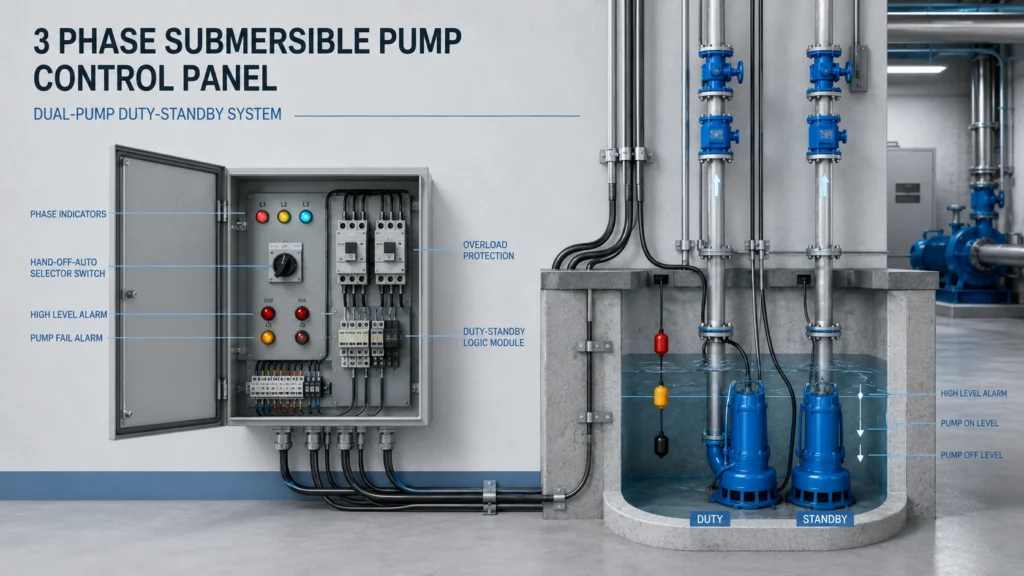 Panel pompa submersible 3 phase dengan sistem kontrol