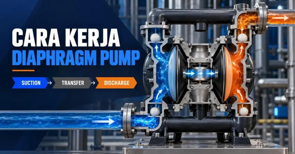 Cara kerja diaphragm pump melalui proses suction transfer dan discharge