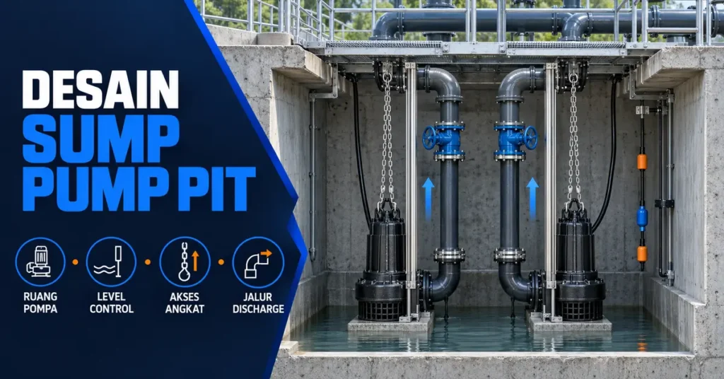 Desain sump pump pit dengan dua pompa dan jalur discharge