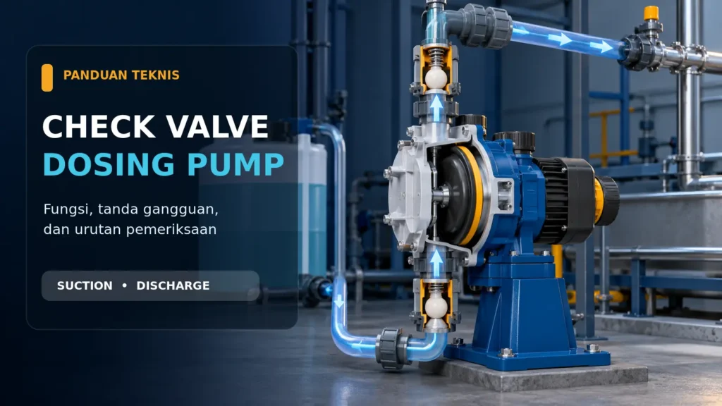 Ilustrasi check valve dosing pump pada sisi suction dan discharge dengan arah aliran satu arah