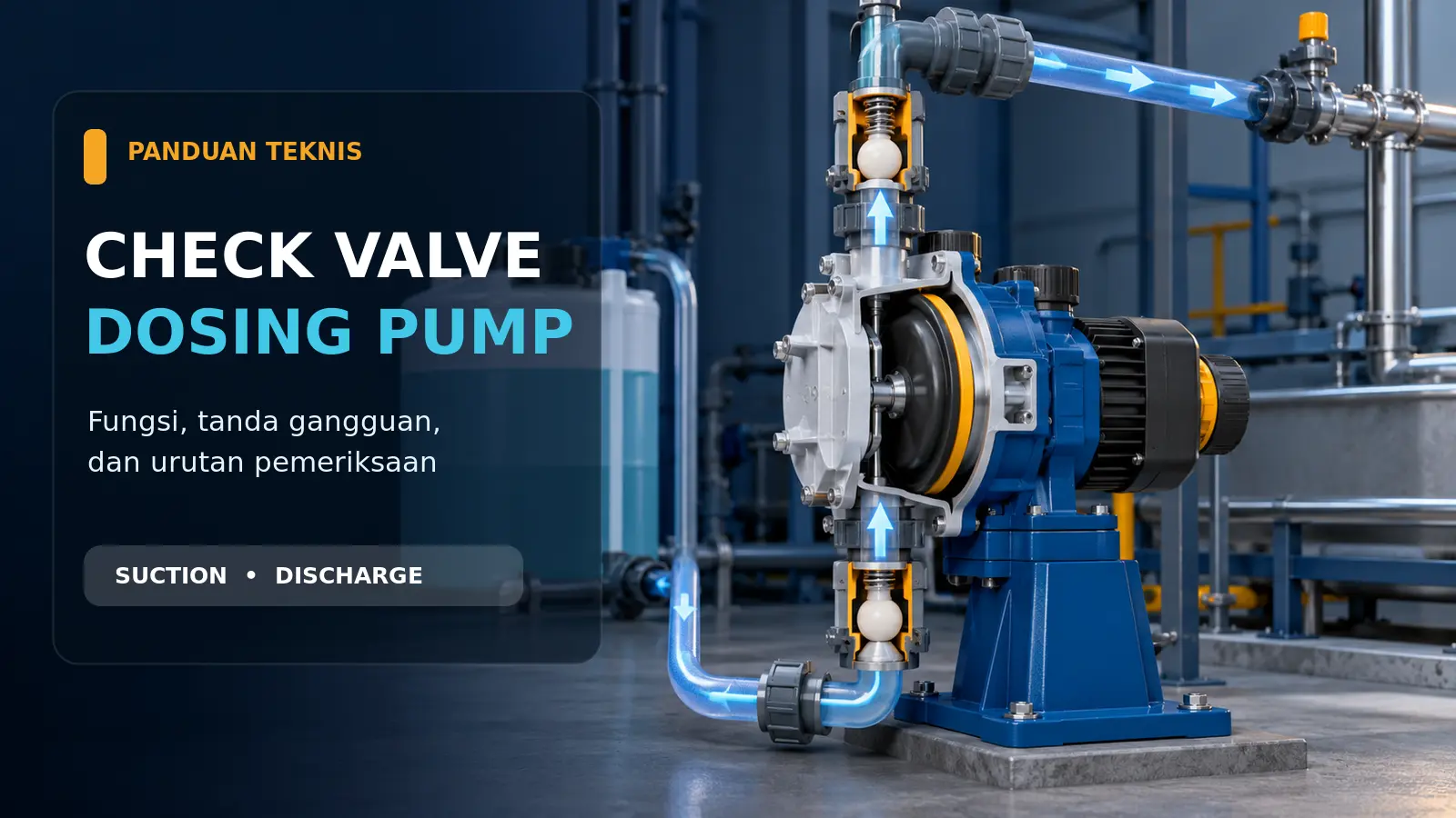 Ilustrasi check valve dosing pump pada sisi suction dan discharge dengan arah aliran satu arah