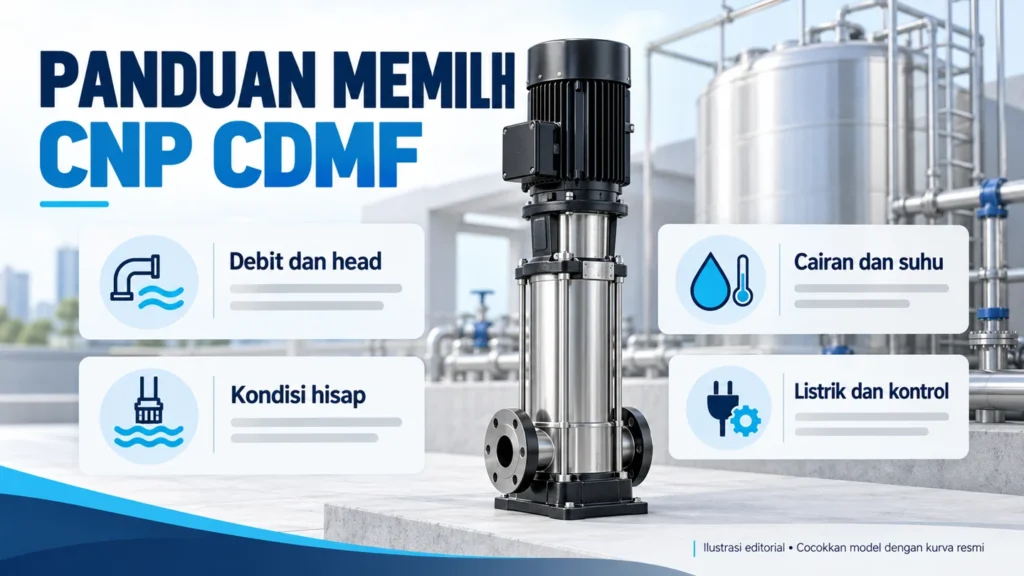 Infografis pemilihan CNP CDMF berdasarkan debit dan head, kondisi hisap, cairan dan suhu, serta listrik dan kontrol
