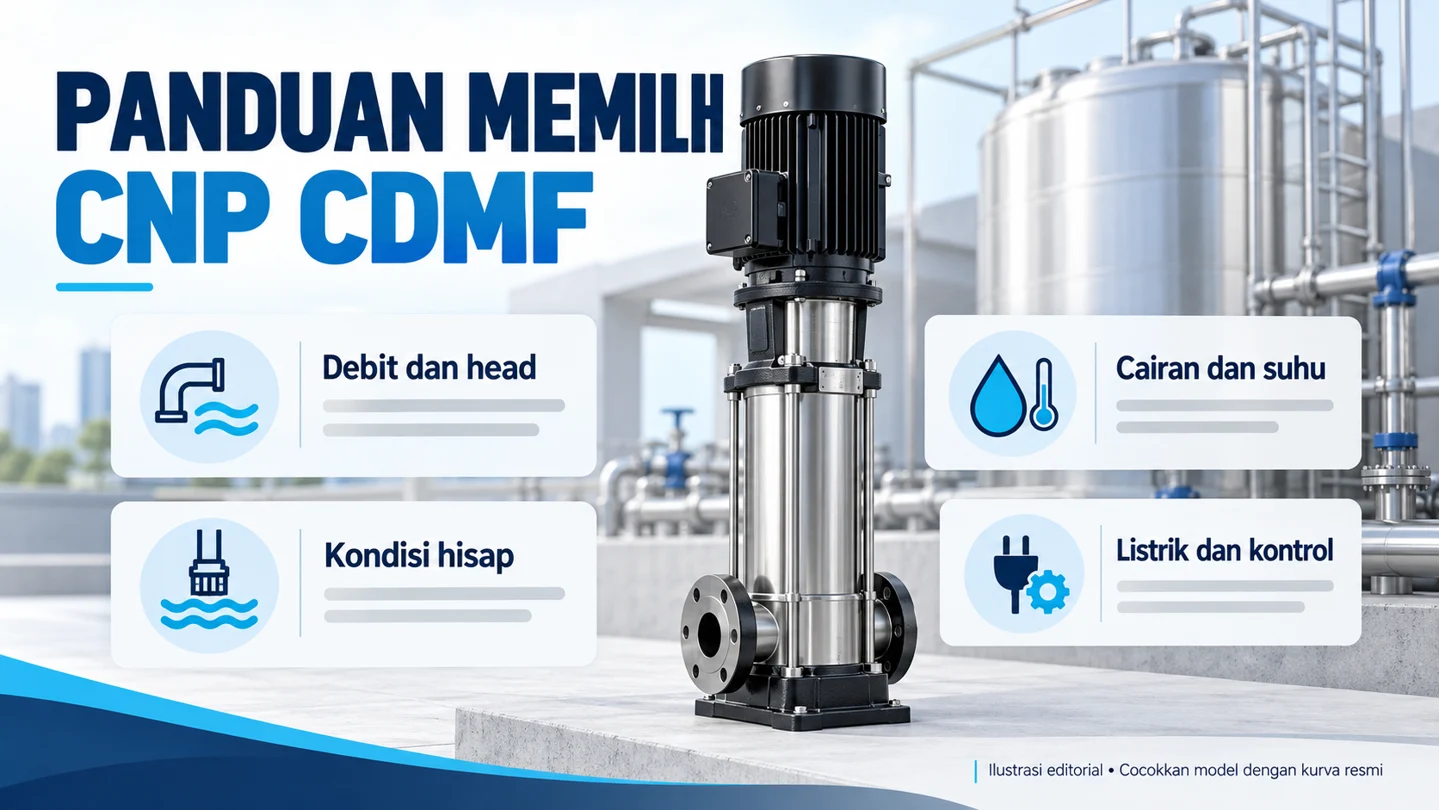 Infografis pemilihan CNP CDMF berdasarkan debit dan head, kondisi hisap, cairan dan suhu, serta listrik dan kontrol