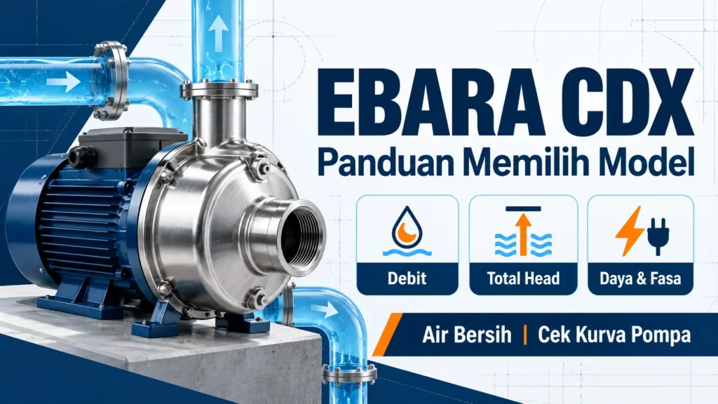 Infografis panduan memilih pompa EBARA CDX berdasarkan debit, total head, daya, dan fasa