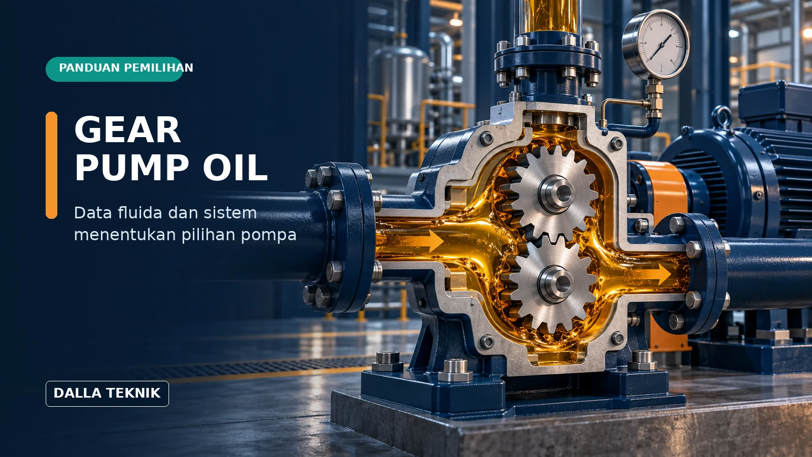 Ilustrasi gear pump oil untuk pemindahan fluida industri dengan data pemilihan pompa