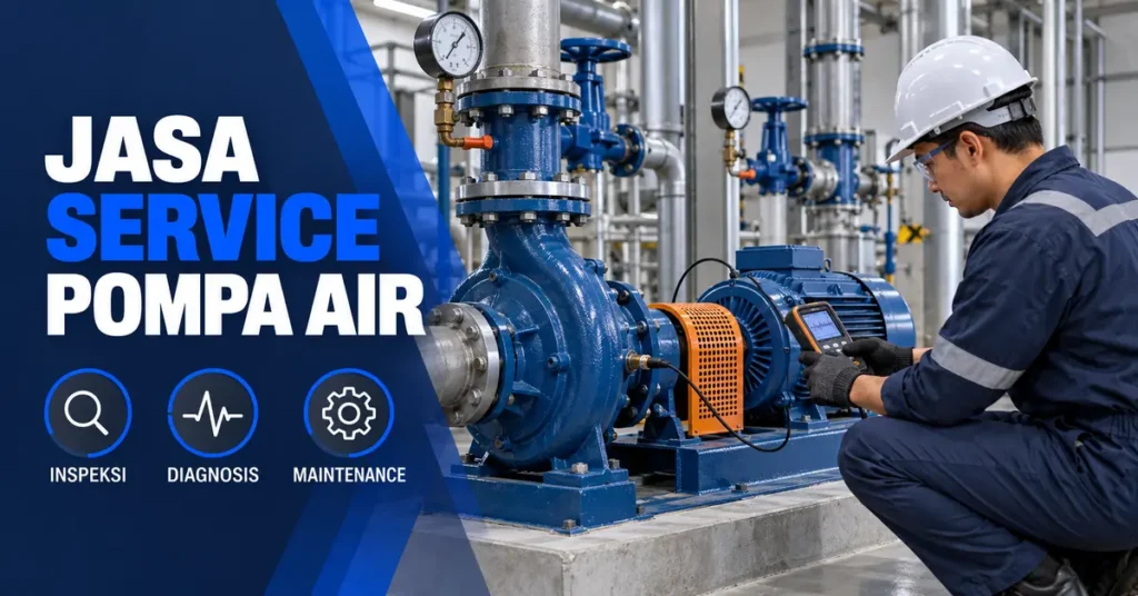 Teknisi melakukan pemeriksaan dan service pompa air industri