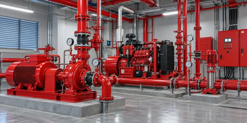Paket electric fire pump, diesel fire pump, dan jockey pump di ruang pompa hydrant