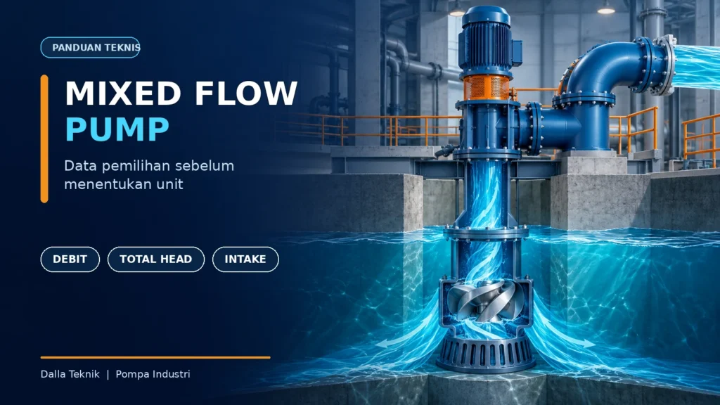Ilustrasi mixed flow pump vertikal dengan data pemilihan debit, total head, dan intake