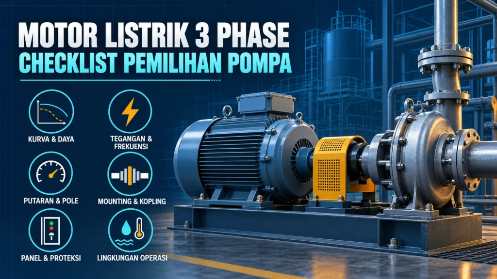 Infografis checklist pemilihan motor listrik 3 phase untuk pompa industri