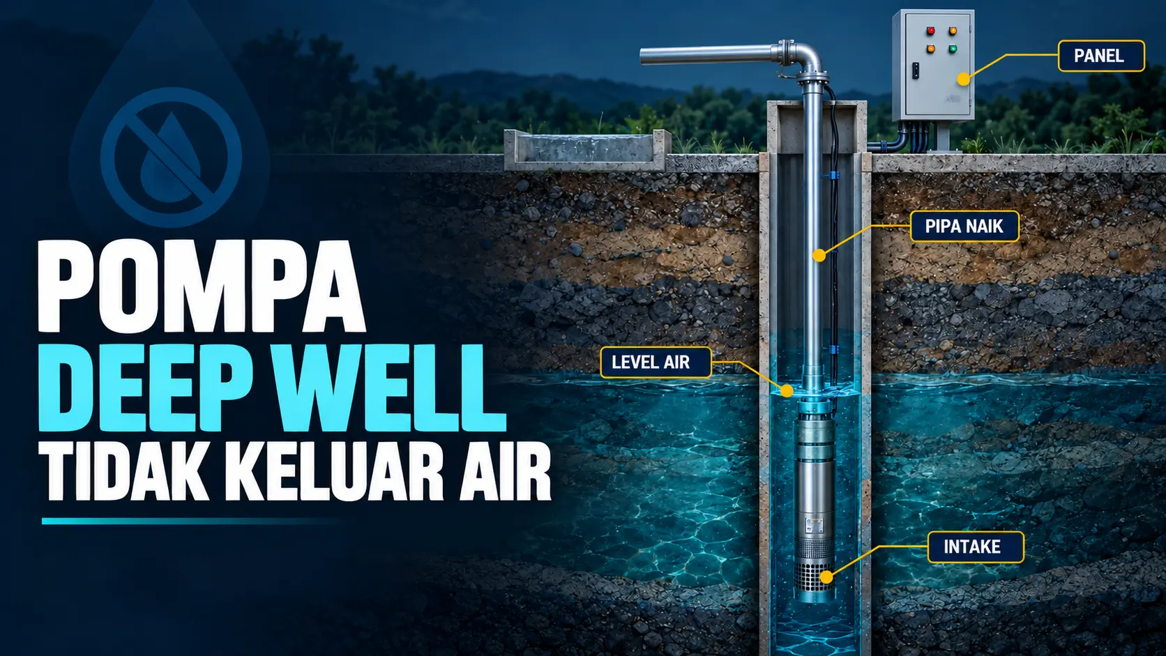 Infografis titik pemeriksaan level air, intake, pipa naik, dan panel pada pompa deep well yang tidak mengeluarkan air