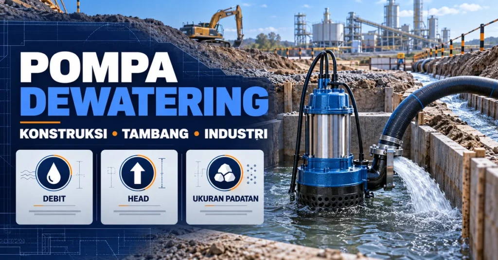 Infografis pompa dewatering untuk konstruksi, tambang, dan industri berdasarkan debit, head, dan ukuran padatan