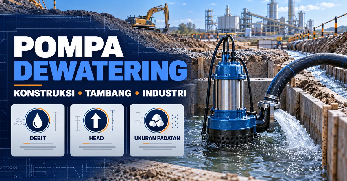 Infografis pompa dewatering untuk konstruksi, tambang, dan industri berdasarkan debit, head, dan ukuran padatan