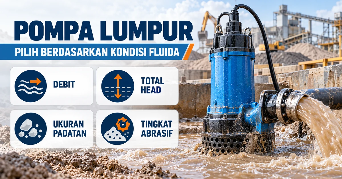 Infografis pemilihan pompa lumpur berdasarkan debit, total head, ukuran padatan, dan tingkat abrasif