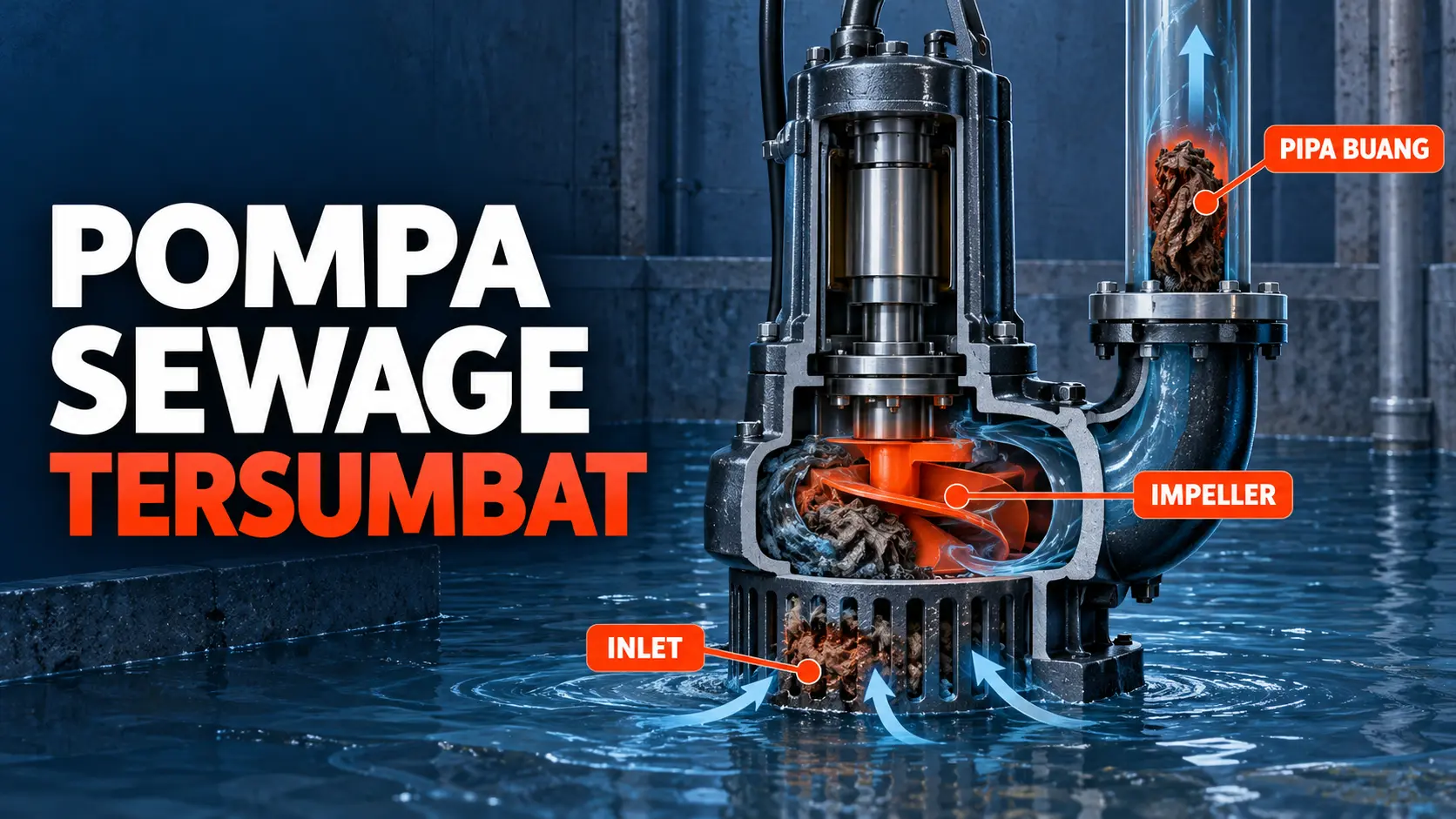 Ilustrasi titik sumbatan pada inlet, impeller, dan pipa buang pompa sewage submersible