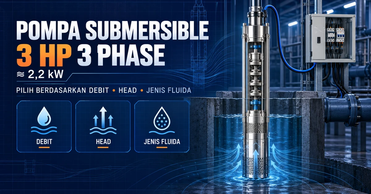 Infografis pompa submersible 3 HP 3 phase dengan parameter debit, head, dan jenis fluida