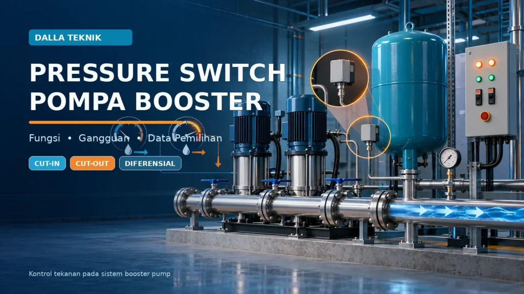 Ilustrasi pressure switch pada sistem pompa booster dengan tangki tekan dan panel kontrol
