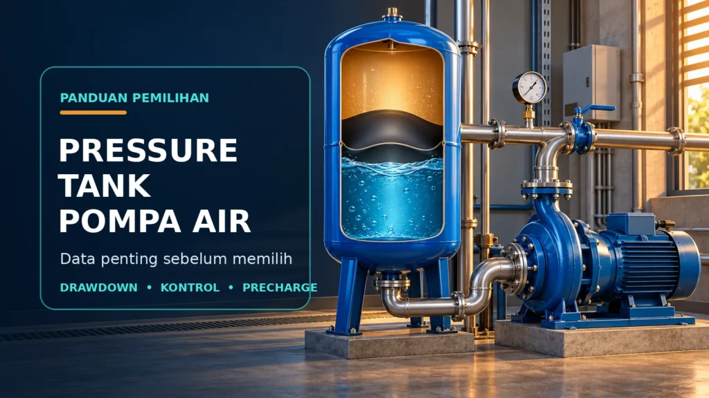 Infografis pressure tank pompa air dengan potongan diafragma, pompa booster, pipa, dan pressure gauge