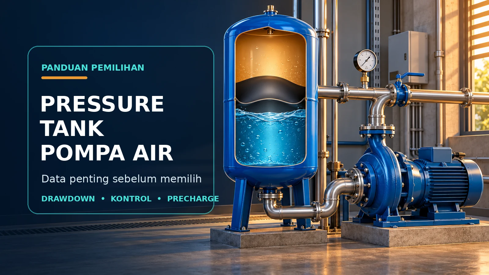 Infografis pressure tank pompa air dengan potongan diafragma, pompa booster, pipa, dan pressure gauge