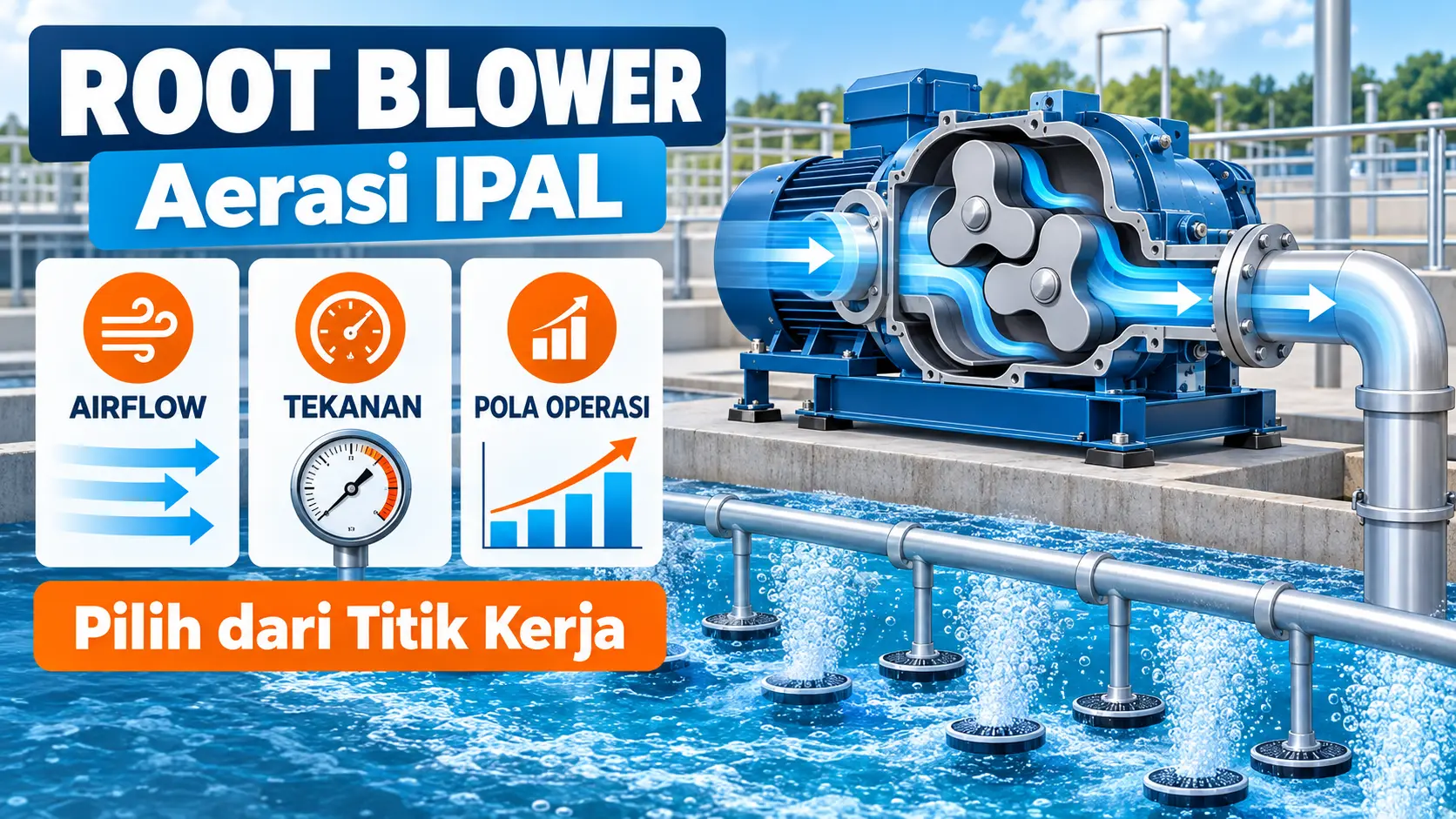 Infografis root blower untuk aerasi IPAL dengan faktor airflow, tekanan, dan pola operasi