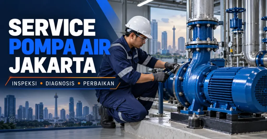 Teknisi melakukan service pompa air di gedung Jakarta